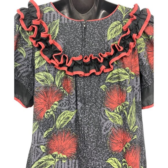 Good Times Aloha Hawaiian Floral Ruffle Medium M Muumuu Black Red Ohia Flower - Picture 10 of 10